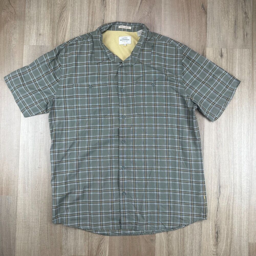 Quiksilver Waterman Collection Plaid Green Gray Tan Shirt Mens Size XL Regular F